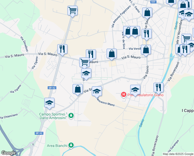 map of restaurants, bars, coffee shops, grocery stores, and more near 210 Via Certaldo in Cesena