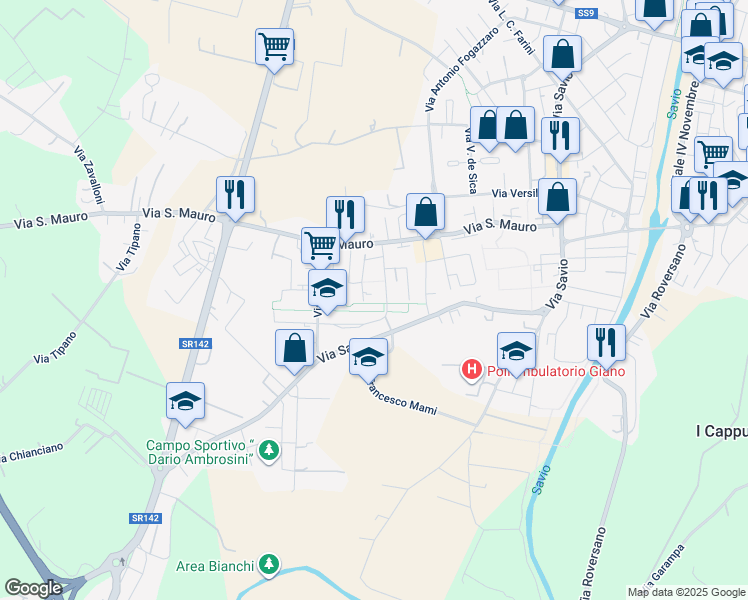map of restaurants, bars, coffee shops, grocery stores, and more near 210 Via Certaldo in Cesena