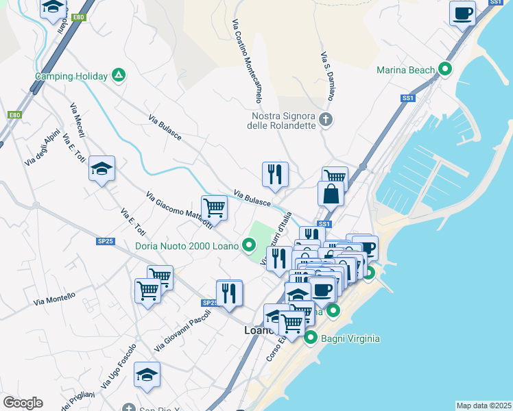 map of restaurants, bars, coffee shops, grocery stores, and more near Via Pollupice in Loano