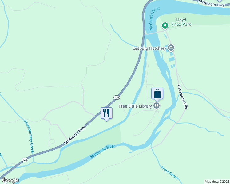 map of restaurants, bars, coffee shops, grocery stores, and more near 44461 McKenzie Highway in Walterville