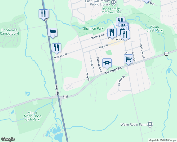 map of restaurants, bars, coffee shops, grocery stores, and more near 11 King Street East in East Gwillimbury