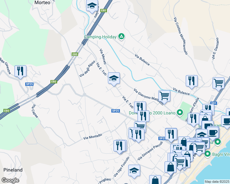 map of restaurants, bars, coffee shops, grocery stores, and more near 43 Via E. Toti in Loano