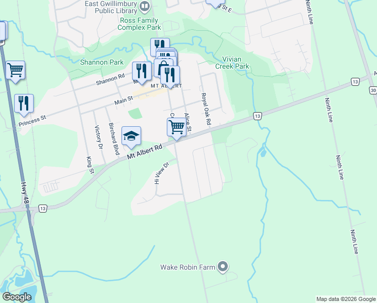 map of restaurants, bars, coffee shops, grocery stores, and more near 66 Robb Thompson Road in East Gwillimbury
