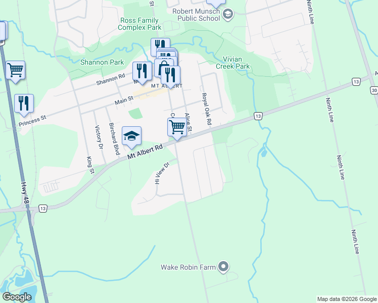 map of restaurants, bars, coffee shops, grocery stores, and more near 18959 Centre Street in Mount Albert