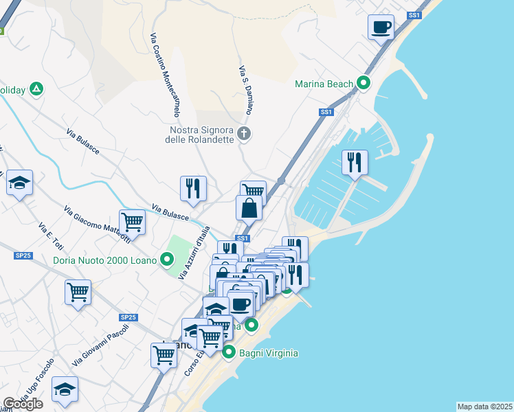 map of restaurants, bars, coffee shops, grocery stores, and more near 11 Viale Minniti Tito in Loano