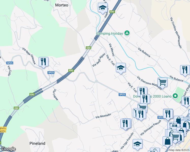 map of restaurants, bars, coffee shops, grocery stores, and more near 5 Via degli Alpini in Loano
