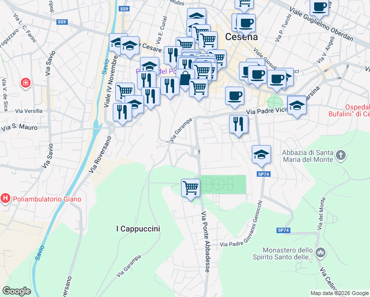 map of restaurants, bars, coffee shops, grocery stores, and more near 359 Via del Tunnel in Cesena