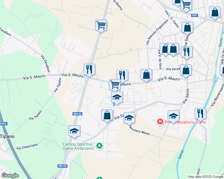 map of restaurants, bars, coffee shops, grocery stores, and more near 702 Via Viareggio in Cesena