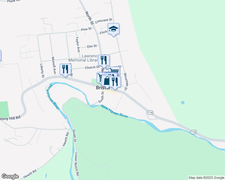 map of restaurants, bars, coffee shops, grocery stores, and more near Main Street in Addison County