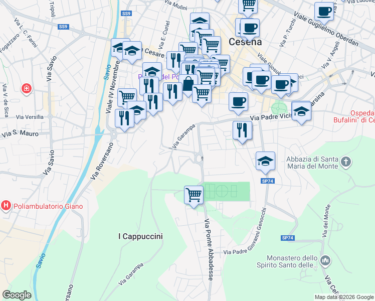 map of restaurants, bars, coffee shops, grocery stores, and more near 359 Via del Tunnel in Cesena