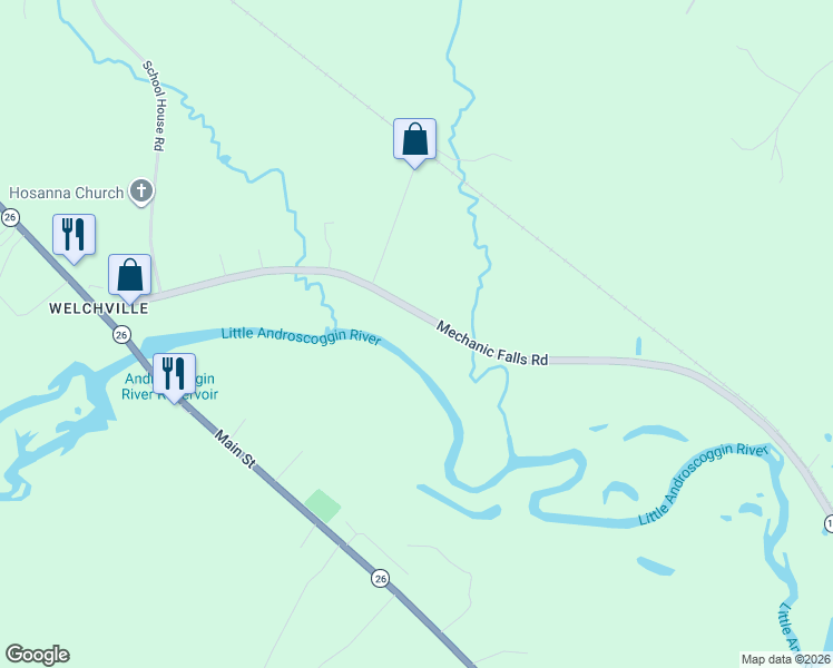 map of restaurants, bars, coffee shops, grocery stores, and more near 119 Mechanic Falls Road in Oxford