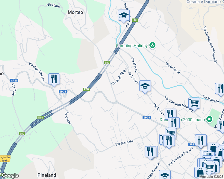 map of restaurants, bars, coffee shops, grocery stores, and more near 5 Via degli Alpini in Loano