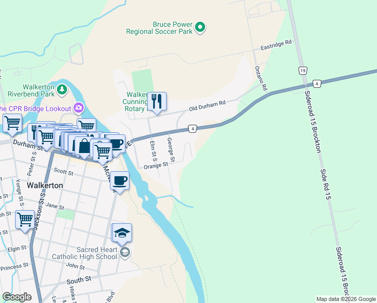 map of restaurants, bars, coffee shops, grocery stores, and more near 204 Orange Street in Walkerton