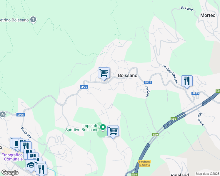 map of restaurants, bars, coffee shops, grocery stores, and more near 60 Via Baroni in Boissano
