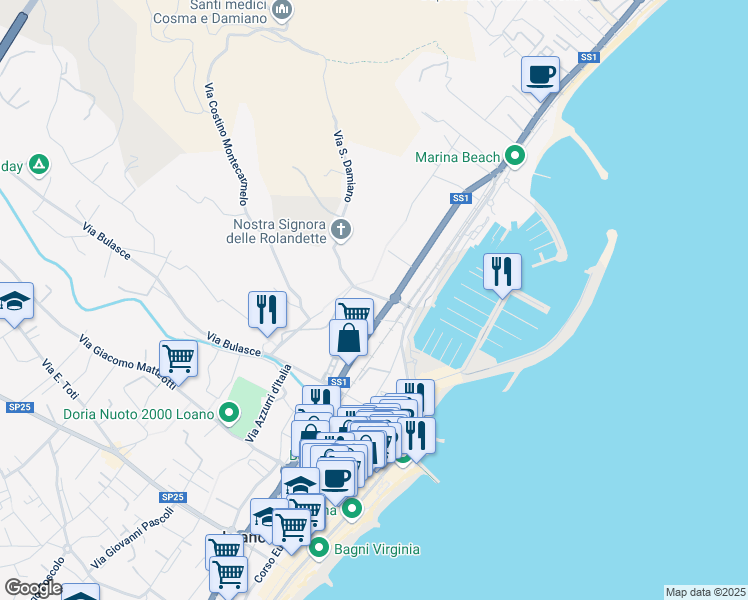 map of restaurants, bars, coffee shops, grocery stores, and more near 20 Viale Tito Minniti in Loano