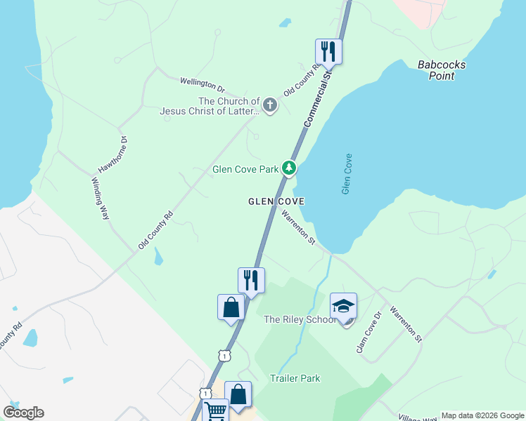 map of restaurants, bars, coffee shops, grocery stores, and more near 1033 Commercial Street in Rockport