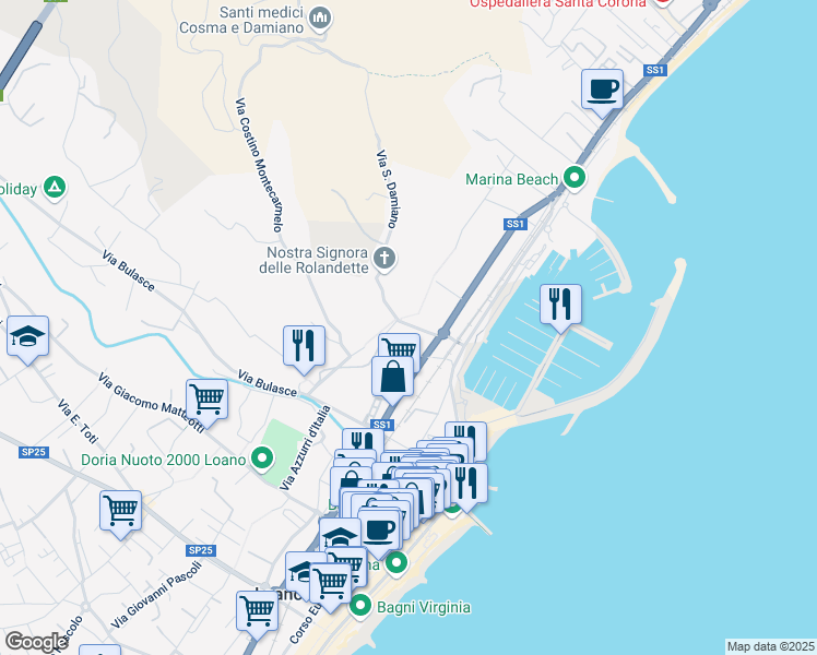 map of restaurants, bars, coffee shops, grocery stores, and more near 11 Via Tito Minniti in Loano