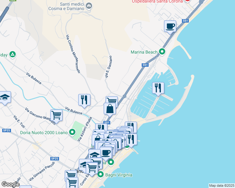 map of restaurants, bars, coffee shops, grocery stores, and more near 20 Via Tito Minniti in Loano