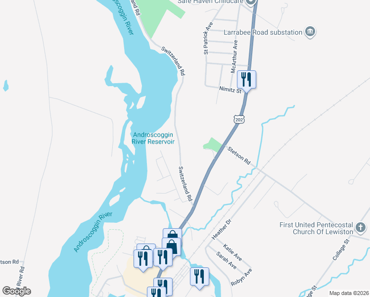 map of restaurants, bars, coffee shops, grocery stores, and more near 69 Switzerland Road in Lewiston