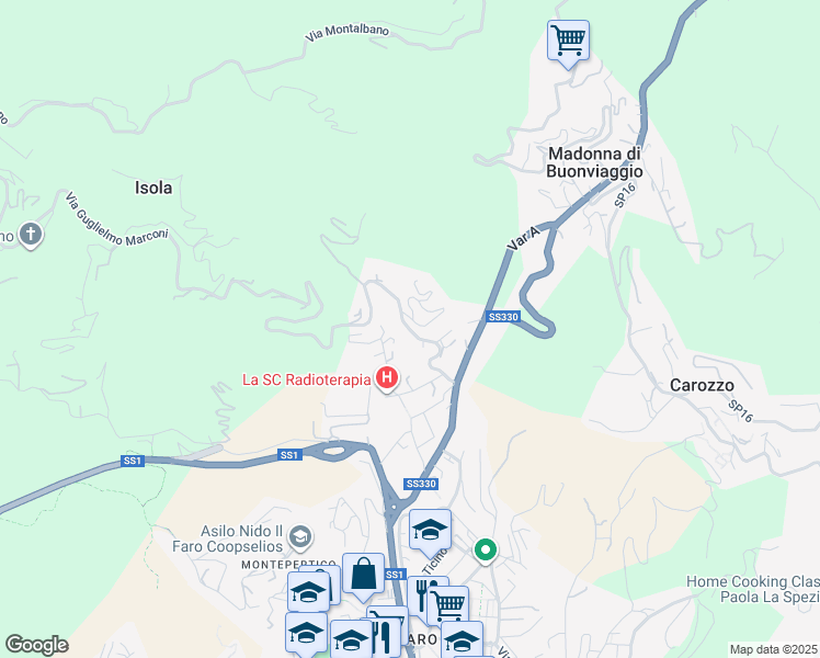 map of restaurants, bars, coffee shops, grocery stores, and more near Via Guglielmo Marconi in La Spezia