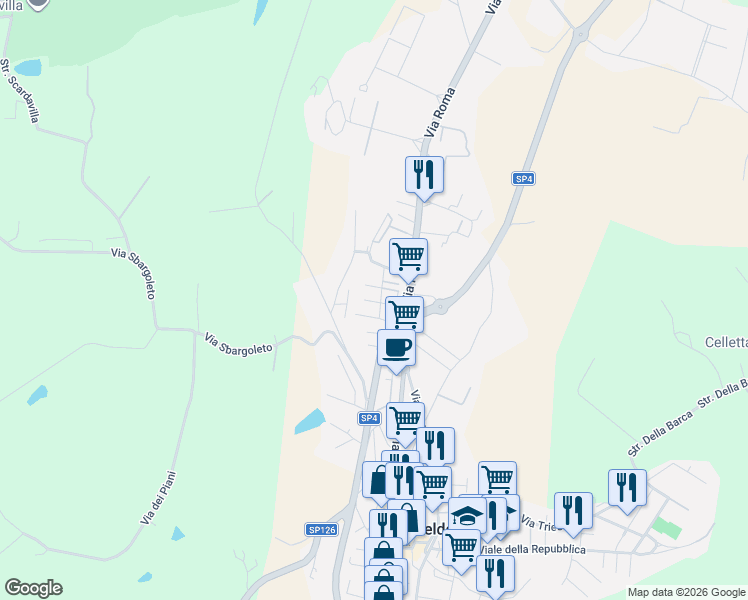 map of restaurants, bars, coffee shops, grocery stores, and more near 8 Via Gaetano Donizetti in Meldola