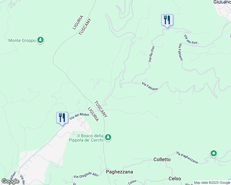 map of restaurants, bars, coffee shops, grocery stores, and more near 19 Via dei Pini in Giucano