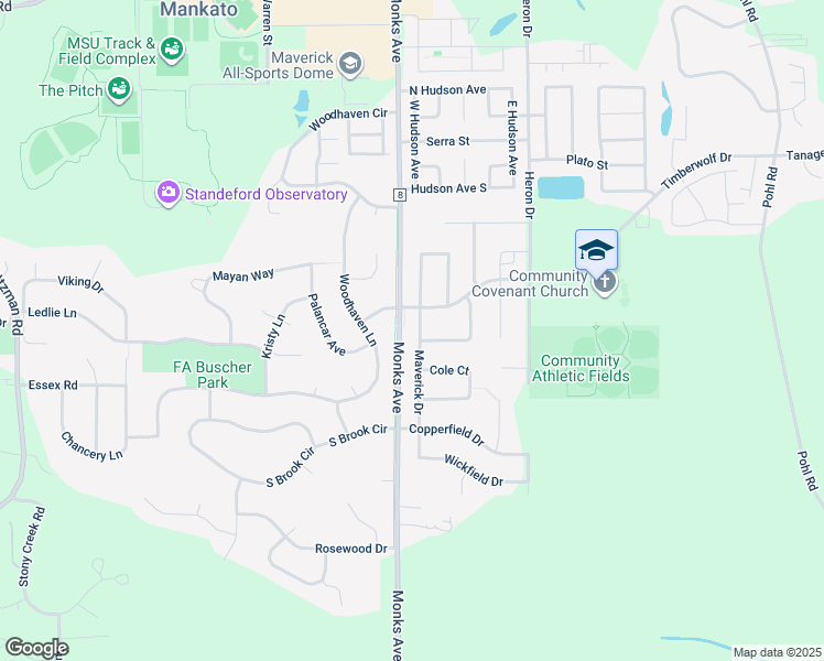 map of restaurants, bars, coffee shops, grocery stores, and more near 304 Maverick Drive in Mankato