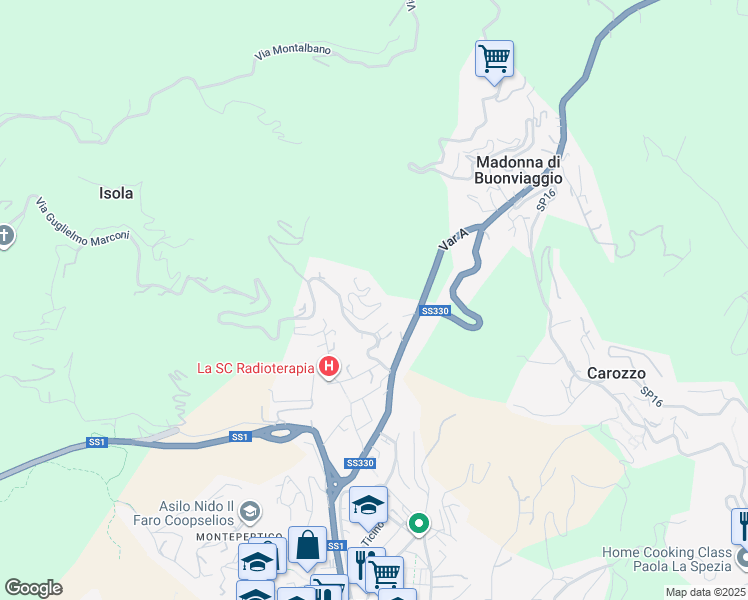 map of restaurants, bars, coffee shops, grocery stores, and more near Via Guglielmo Marconi in La Spezia