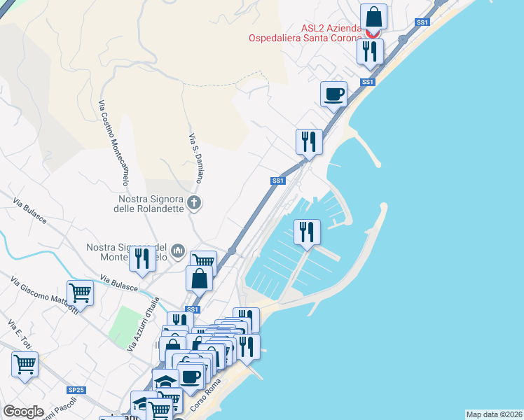 map of restaurants, bars, coffee shops, grocery stores, and more near 4 Via Aurelia in Loano