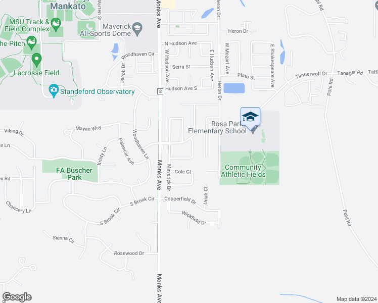 map of restaurants, bars, coffee shops, grocery stores, and more near 120 Quinion Drive in Mankato