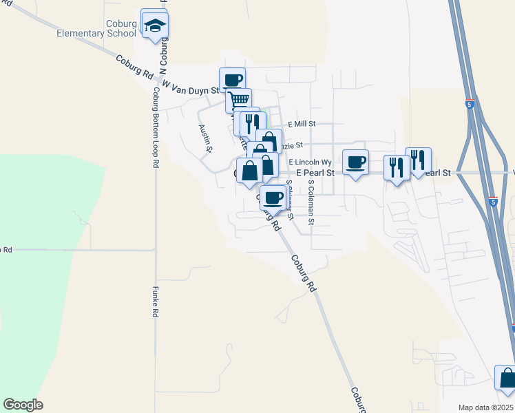 map of restaurants, bars, coffee shops, grocery stores, and more near 9103 Coburg Road in Coburg