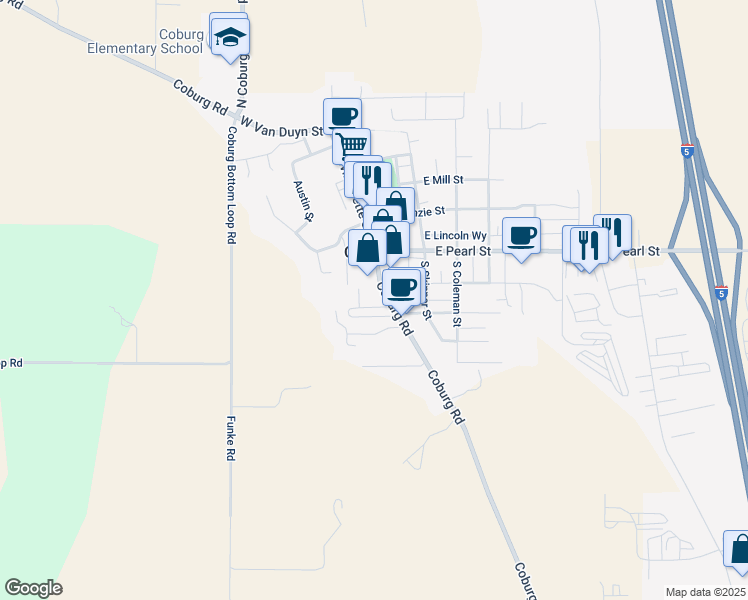 map of restaurants, bars, coffee shops, grocery stores, and more near 9103 Coburg Road in Coburg