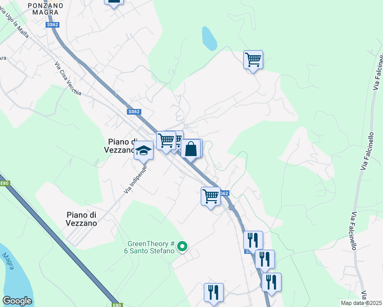map of restaurants, bars, coffee shops, grocery stores, and more near 18 Via M. Castagnaro in Santo Stefano di Magra