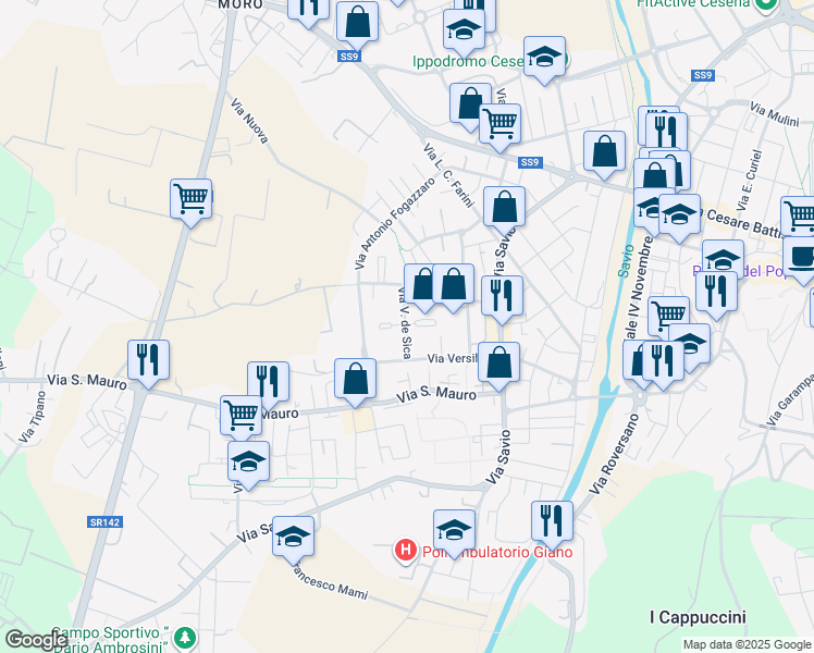 map of restaurants, bars, coffee shops, grocery stores, and more near Piazza Anna Magnani in Cesena