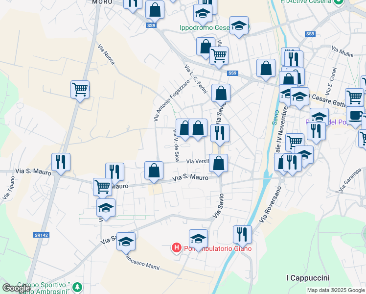 map of restaurants, bars, coffee shops, grocery stores, and more near Piazza Anna Magnani in Cesena