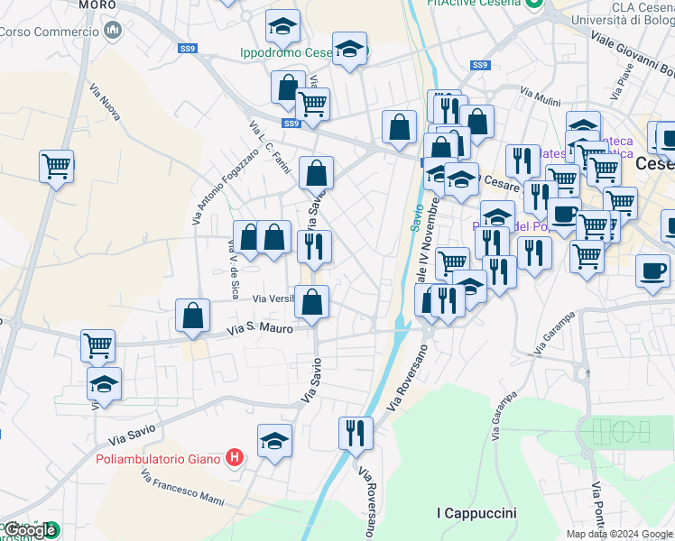 map of restaurants, bars, coffee shops, grocery stores, and more near 79 Via Euclide Manaresi in Cesena
