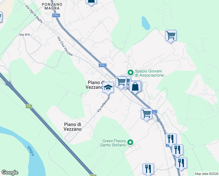 map of restaurants, bars, coffee shops, grocery stores, and more near 7 Via Indipendenza in Santo Stefano di Magra