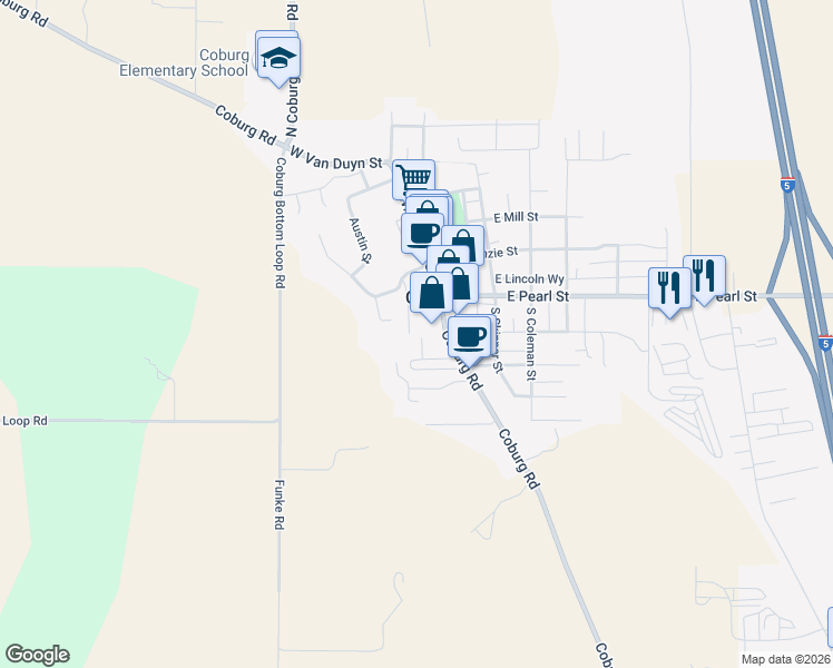 map of restaurants, bars, coffee shops, grocery stores, and more near 91033 Water Street in Coburg