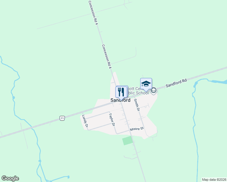 map of restaurants, bars, coffee shops, grocery stores, and more near 9044 Concession Road 4 in Sandford