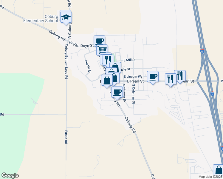 map of restaurants, bars, coffee shops, grocery stores, and more near 9103 Coburg Road in Coburg