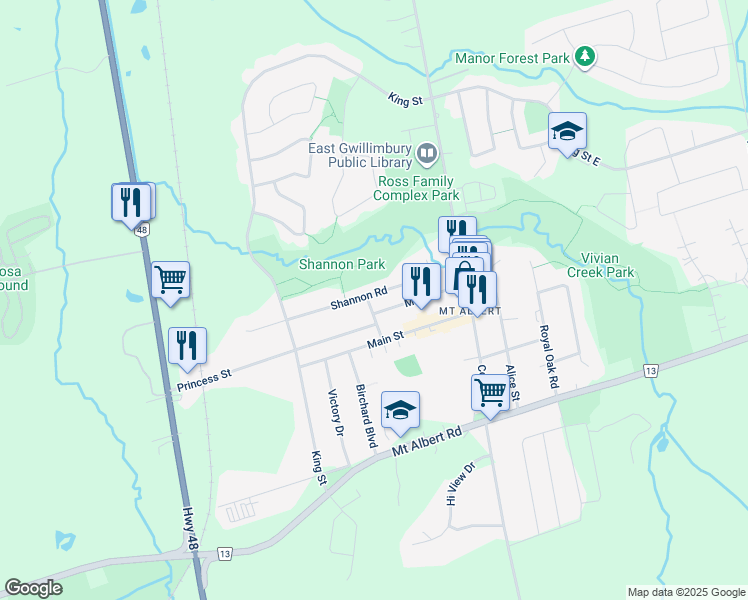 map of restaurants, bars, coffee shops, grocery stores, and more near 21 Victoria Street in Mount Albert