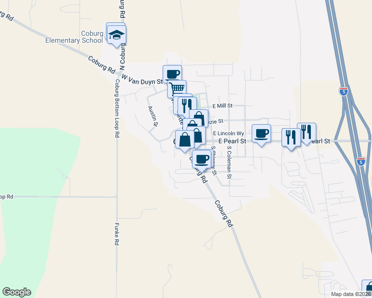 map of restaurants, bars, coffee shops, grocery stores, and more near 9103 Coburg Road in Coburg