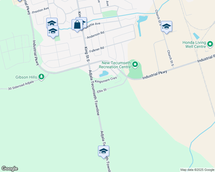 map of restaurants, bars, coffee shops, grocery stores, and more near 7240 Ellis Street in New Tecumseth