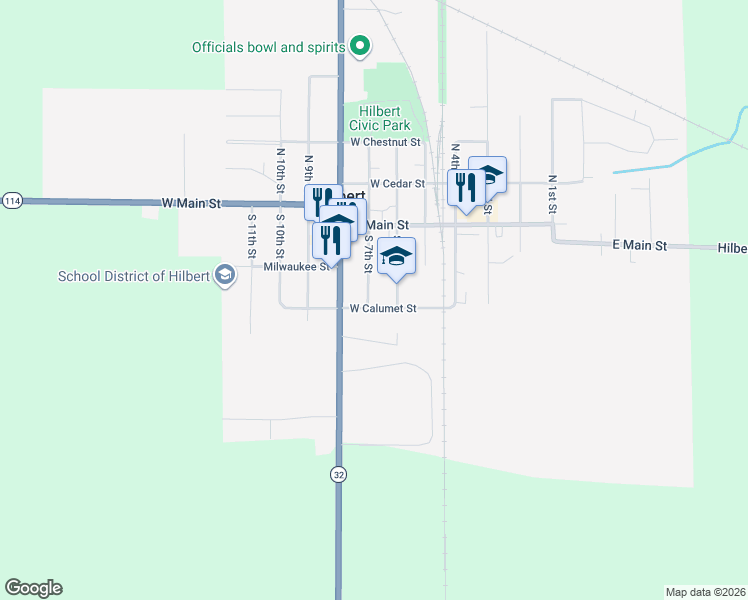 map of restaurants, bars, coffee shops, grocery stores, and more near 126 South 7th Street in Hilbert