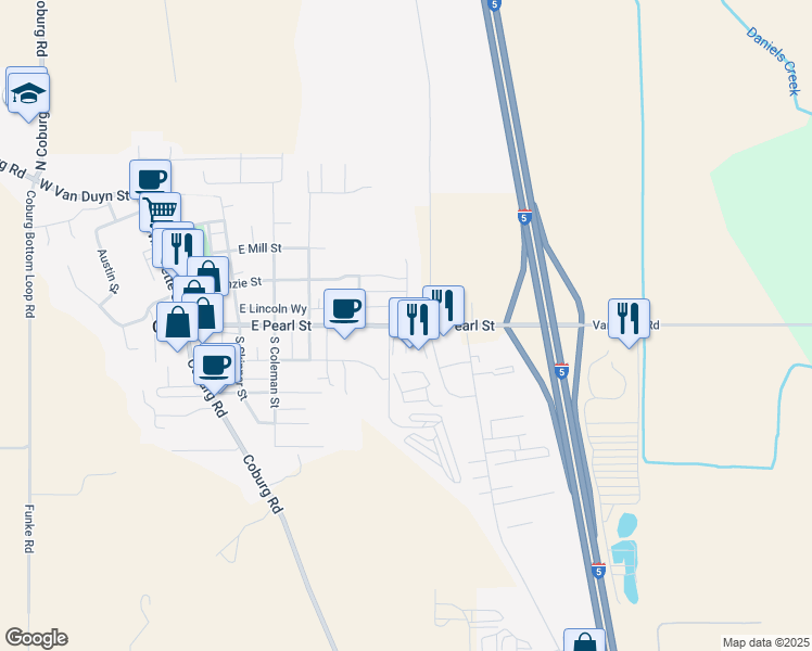 map of restaurants, bars, coffee shops, grocery stores, and more near East Pearl Street in Coburg