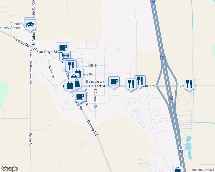 map of restaurants, bars, coffee shops, grocery stores, and more near East Pearl Street in Coburg