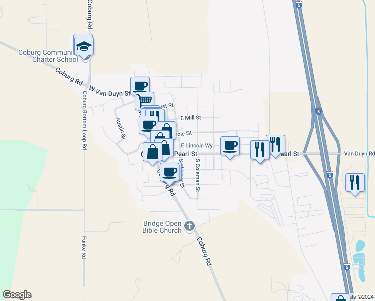 map of restaurants, bars, coffee shops, grocery stores, and more near 91070 North Coleman Street in Eugene