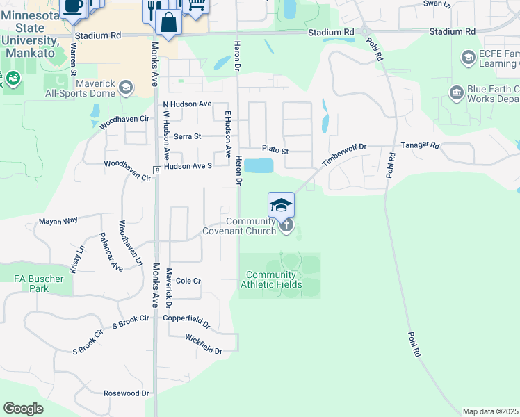 map of restaurants, bars, coffee shops, grocery stores, and more near 510 Timberwolf Drive in Mankato