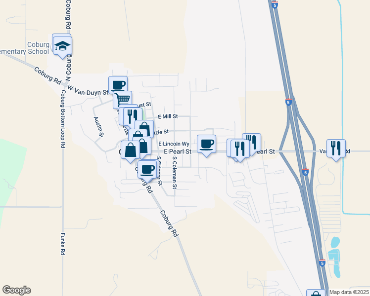 map of restaurants, bars, coffee shops, grocery stores, and more near 32781 East Pearl Street in Coburg