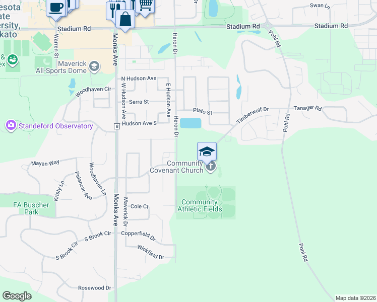 map of restaurants, bars, coffee shops, grocery stores, and more near 875 Heron Drive in Mankato